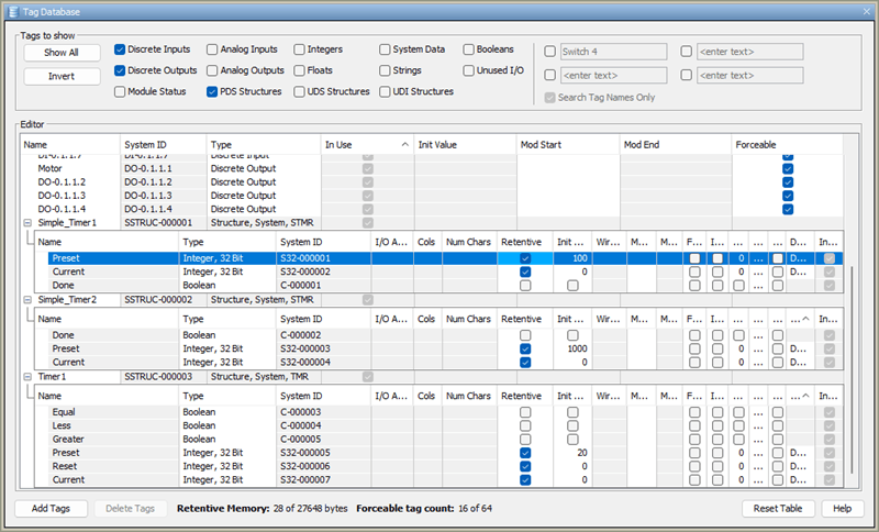 Tag Database - Memory retentive - P1 Timer
