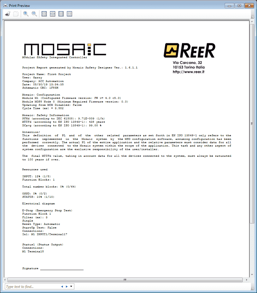 MOSAIC Safety Controller Reports / Documentation