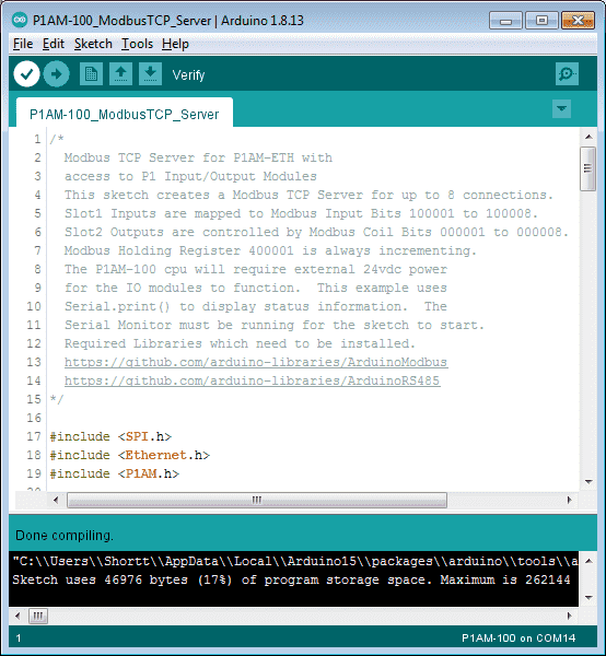 P1AM Arduino Modbus TCP