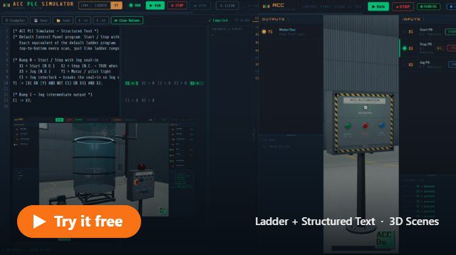 ACC PLC Simulator showing Structured Text editor, I/O panel and a 3D tank fill scene