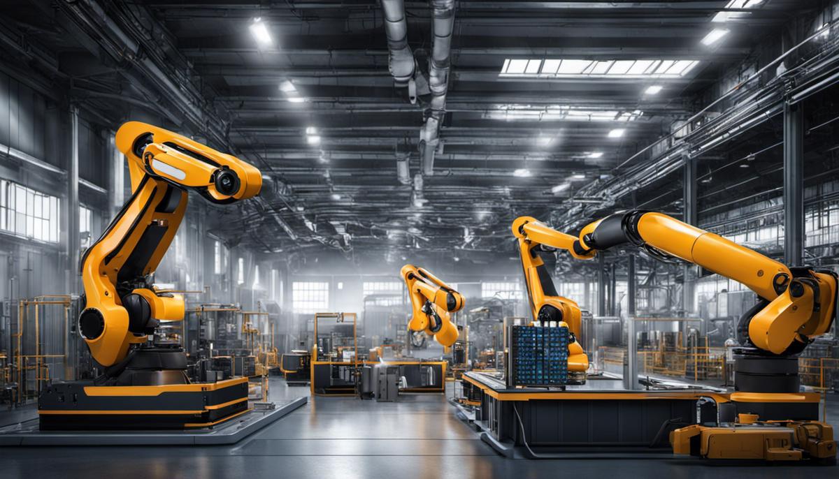 Image illustrating a futuristic factory with advanced robotic automation.