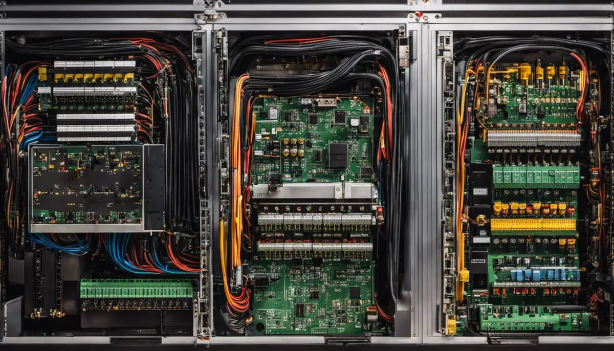 A detailed image of a Programmable Logic Controller showcasing its various components and connections.